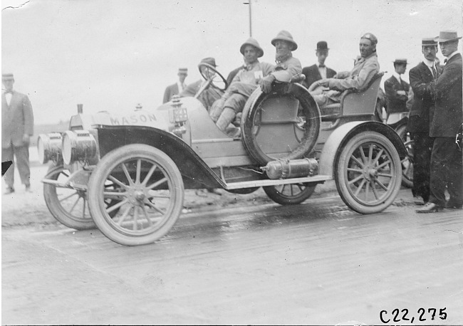 F.S. Day in Mason car arriving in Chicago, Ill., 1909 Glidden Tour