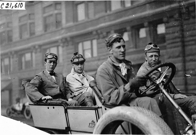 Harry Bill and Harry Ford in Chalmers-Detroit press car in front of Auditorium Annex building, Chicago, Ill., 1909 Glidden Tour