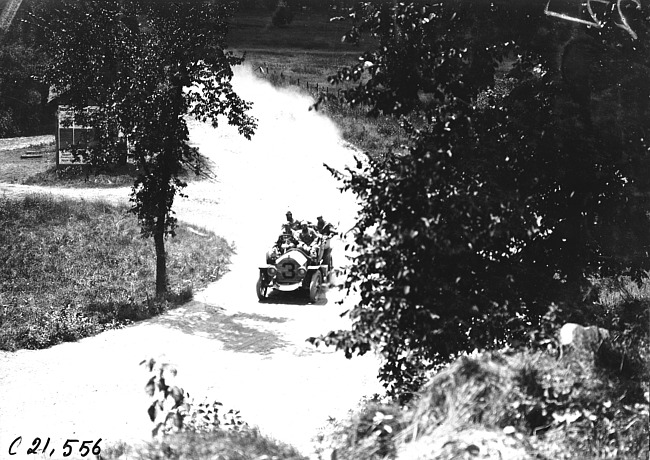 William Bolger in Chalmers car entering Elroy, Wis., 1909 Glidden Tour