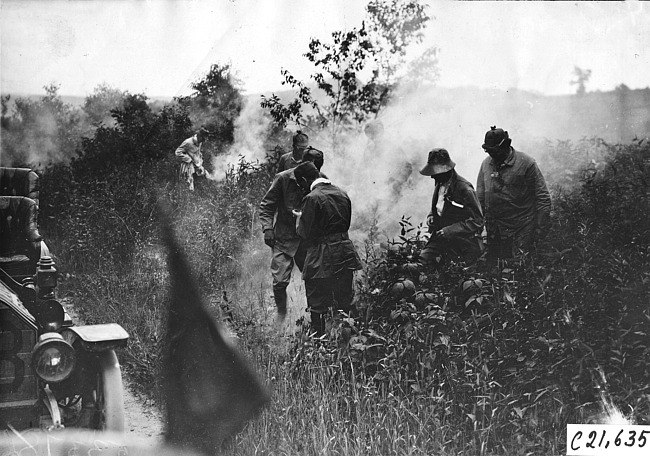 Harry Bill, Harry Ford and a group of men stand along side of the road at the 1909 Glidden Tour