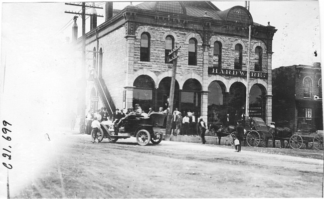 Scene of bank robbery by the Younger brothers, at the 1909 Glidden Tour