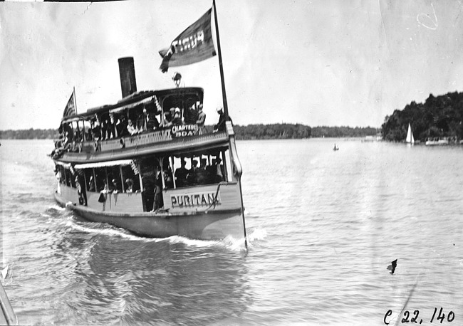 Puritan excursion boat filled with passengers on Lake Minnetonka, at 1909 Glidden Tour