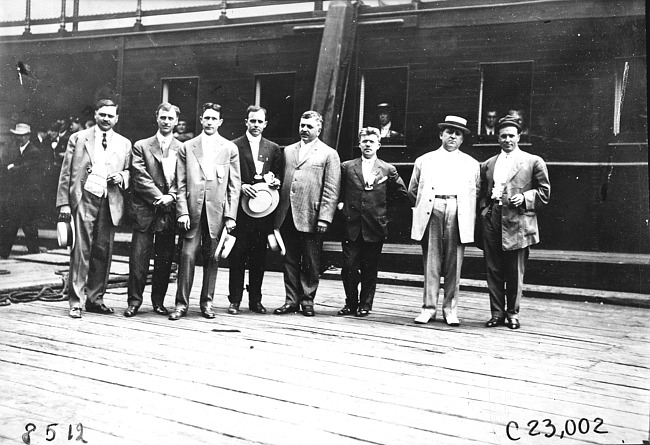 Glidden tourists on board unidentified boat, at 1909 Glidden Tour