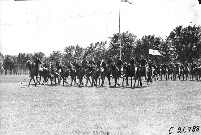Mounted soldiers on parade at Fort Snelling, Minn., at 1909 Glidden Tour