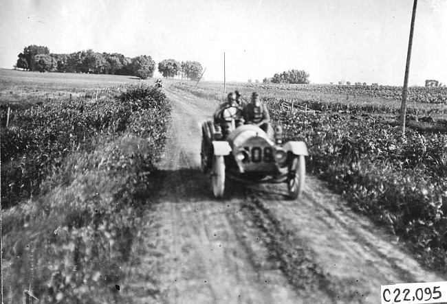 John Williams in Pierce-Arrow car #108 arriving at Ft. Dodge, Iowa at the 1909 Glidden Tour