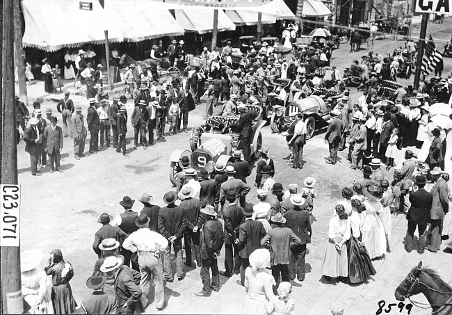Pierce-Arrow car arriving at Ft. Dodge, Iowa at the 1909 Glidden Tour