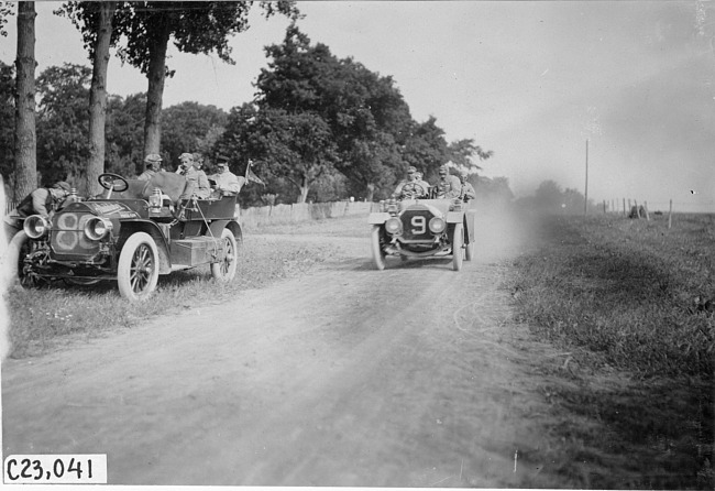 Car #9 passing Studebaker Press car on rural road to Council Bluffs, Iowa at 1909 Glidden Tour