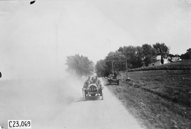 Car #114 on rural road to Council Bluffs, Iowa at 1909 Glidden Tour