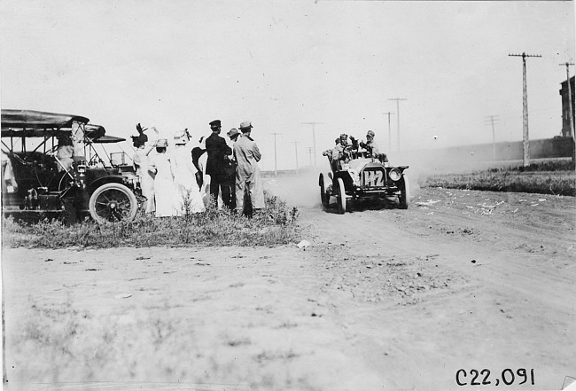 Duesenberg in Mason car on rural road near Kearney, Neb., at 1909 Glidden Tour