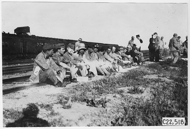 Glidden tourists sit along railroad tracks in Kearney, Neb., at 1909 Glidden Tour
