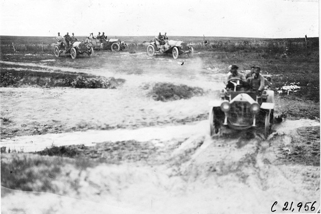 American Simplex car passing through quicksand in Neb., at the 1909 Glidden Tour