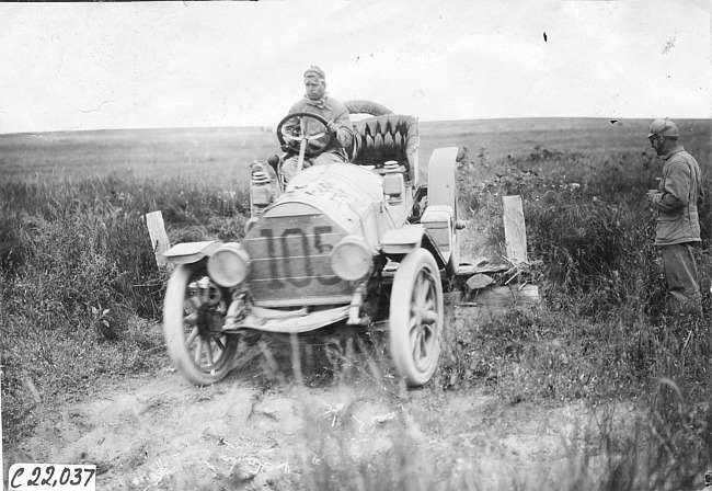 John Machesky in Chalmers car #105 on the Colorado prairie, at the 1909 Glidden Tour