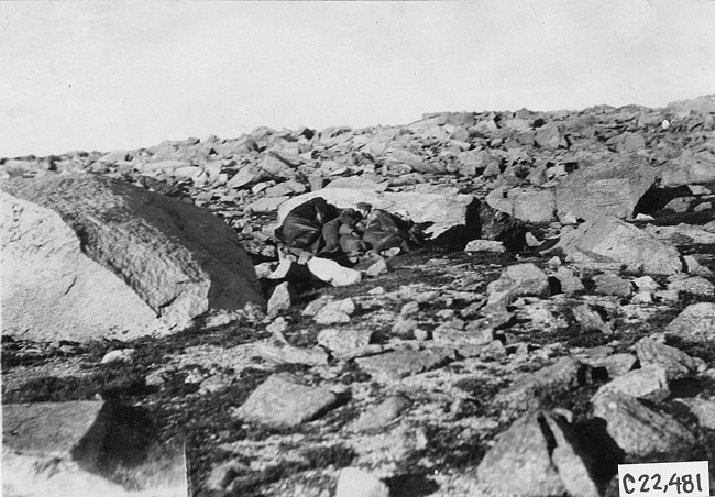 Glidden tourists sleeping among the rocks in Colo., at 1909 Glidden Tour