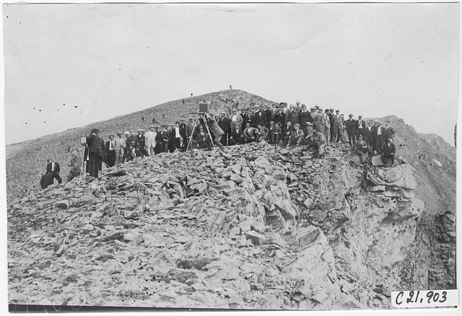 Group photograph of Glidden tourists on mountain top in Colo., at 1909 Glidden Tour