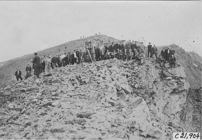 Group photograph of Glidden tourists on mountain top in Colo., at 1909 Glidden Tour