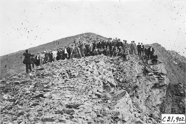 Group photograph of Glidden tourists on mountain top in Colo., at 1909 Glidden Tour