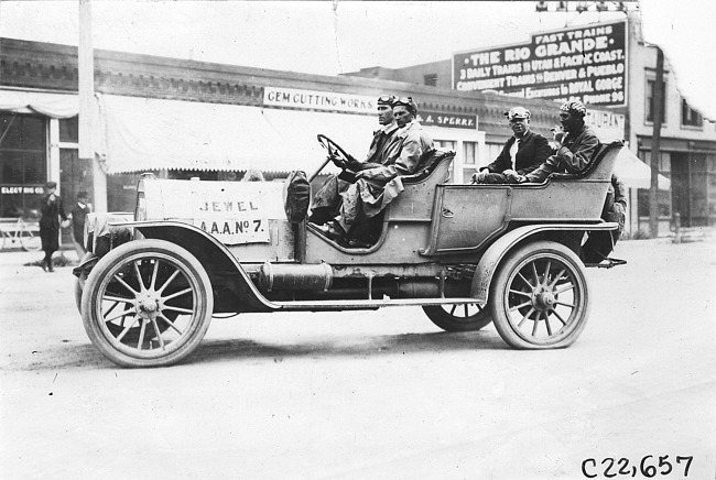 Jewel car parked in front of building in Colorado Springs, Colo., at 1909 Glidden Tour