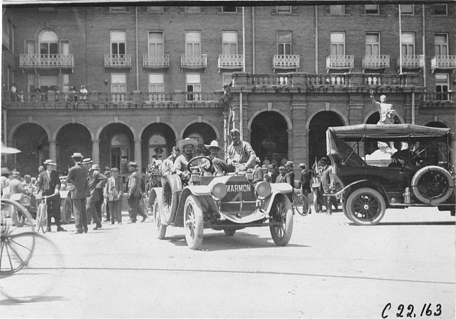 Frank Wing in Marmon car in front of Antlers Hotel in Colorado Springs, Colo., at 1909 Glidden Tour