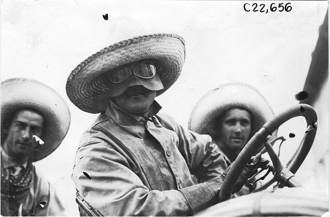 Driver with sombrero in Colorado Springs, Colo., at the 1909 Glidden Tour