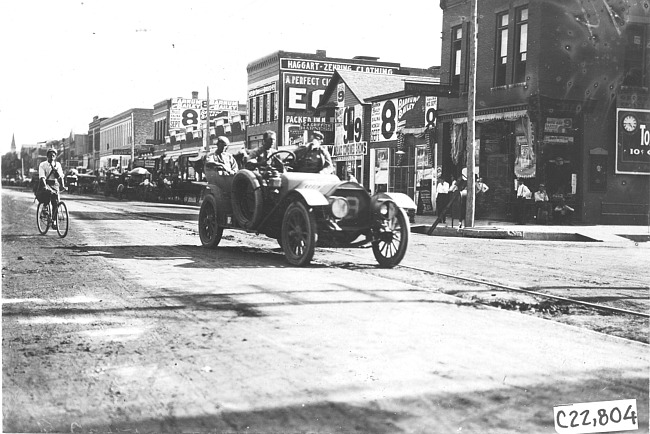 Pierce-Arrow car #9 arriving in Hugo, Colo., at the 1909 Glidden Tour