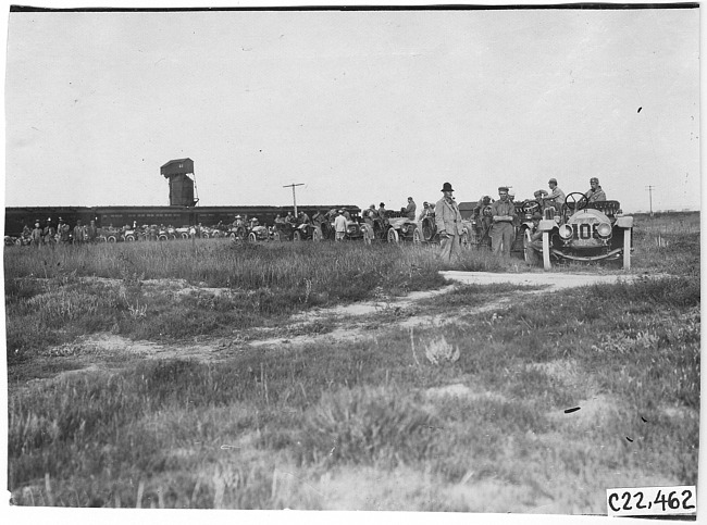 Glidden tourists' cars lined up outside Hugo, Colo., at the 1909 Glidden Tour