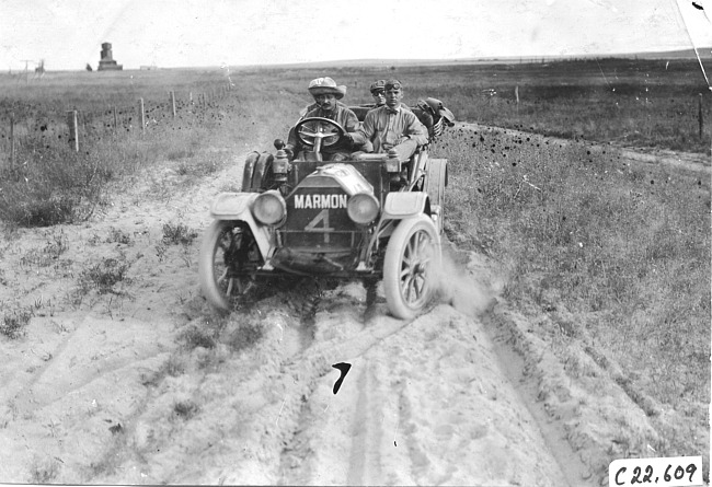 Marmon car on sandy road in Kansas, at 1909 Glidden Tour