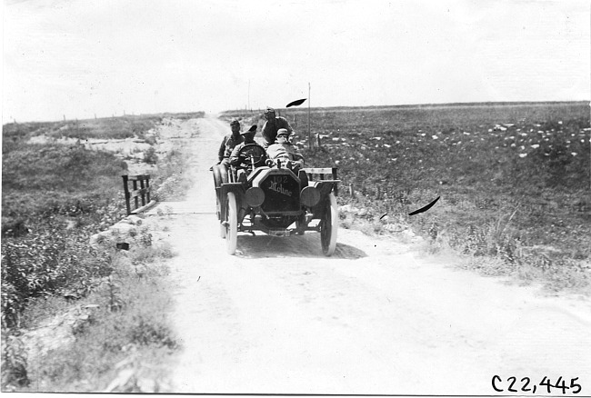 Moline car crossing wooden bridge near Bunker Hill, Kan., at 1909 Glidden Tour