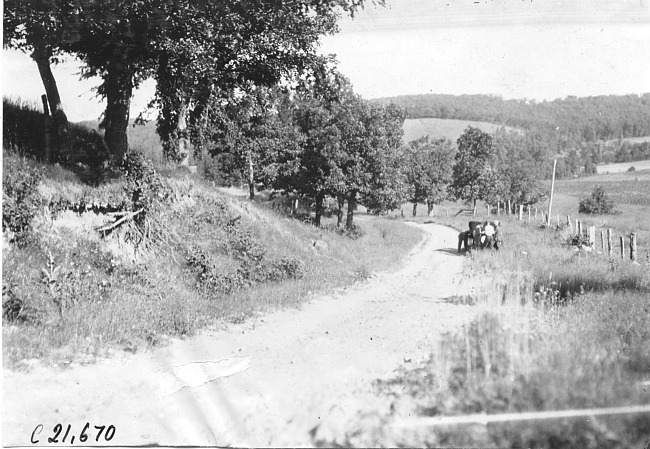 Studebaker press car on side of rural road near Junction City, Kan., at 1909 Glidden Tour