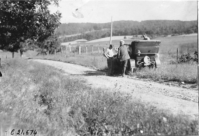 Studebaker press car on side of rural road near Junction City, Kan., at 1909 Glidden Tour