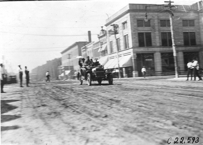 Maxwell car on city street in Junction City, Kan., at 1909 Glidden Tour