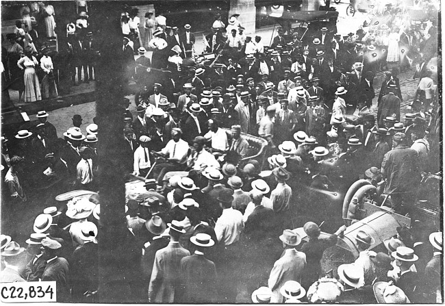 Large crowd surrounds Premier car at Kansas City, Mo., at 1909 Glidden Tour