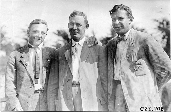 Jean Bemb, John Williams and Walter Winchester posed together at Kansas City, Mo., at 1909 Glidden Tour