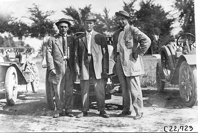 Jean Bemb, John Williams and Walter Winchester posed together at Kansas City, Mo., at 1909 Glidden Tour