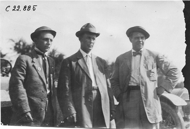 Jean Bemb, John Williams and Walter Winchester posed together at Kansas City, Mo., at 1909 Glidden Tour