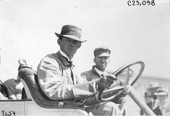 Woods and passenger in Simplex car, at 1909 Glidden Tour