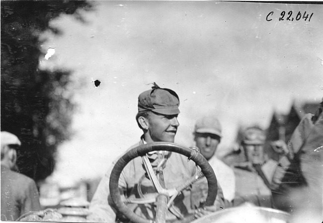 John Machesky behind the wheel of Chalmers car, at 1909 Glidden Tour