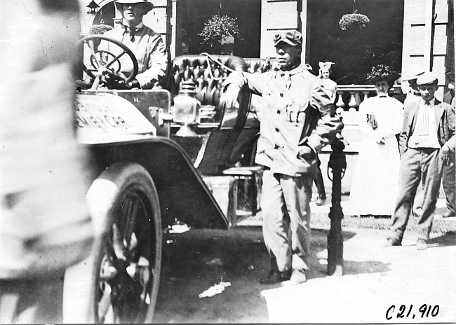 Chairman Hower and H. Stearns posed with Premier car, at 1909 Glidden Tour