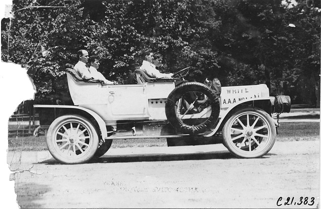 Searles and Johnson in White Steamer car, at 1909 Glidden Tour