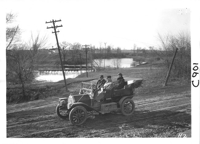 E.M.F. car by dam, on pathfinder tour for 1909 Glidden Tour