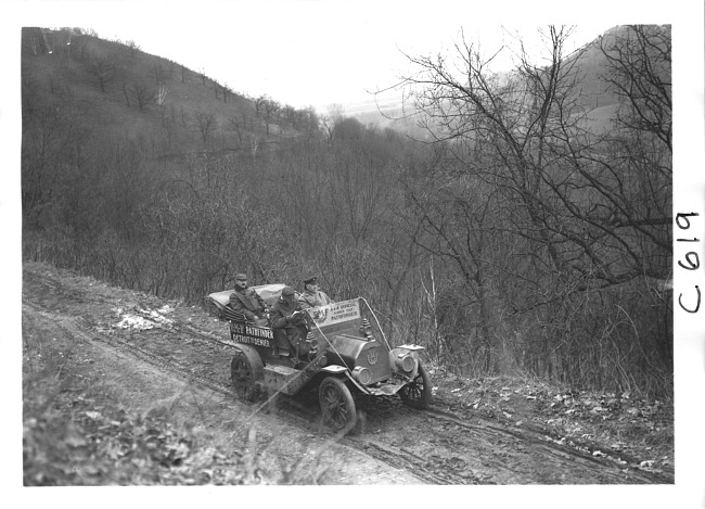 E.M.F. car on rural road in the mountains, on pathfinder tour for the 1909 Glidden Tour