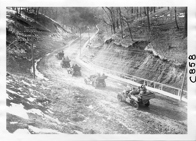 E.M.F. car on snowy road, on pathfinder tour for 1909 Glidden Tour