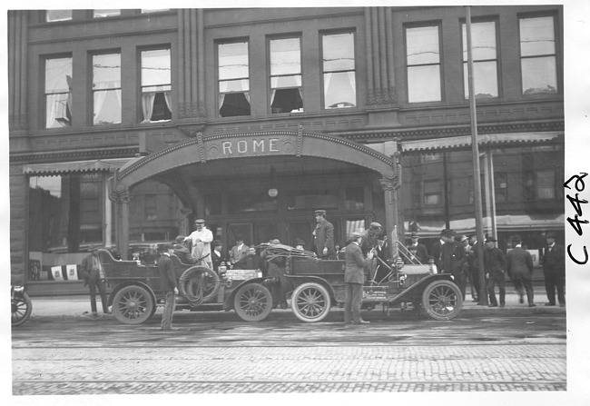 E.M.F. car parked in front of the Rome Hotel, on pathfinder tour for 1909 Glidden Tour