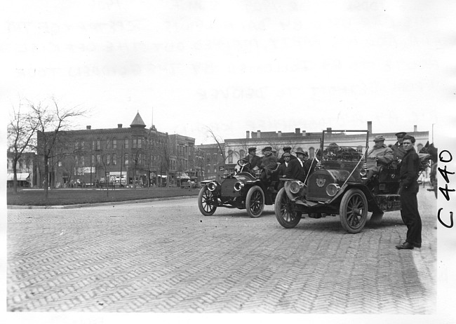 E.M.F. car on downtown plaza, on pathfinder tour for 1909 Glidden Tour
