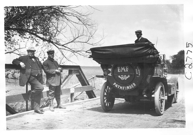 E.M.F. car stopped on a small bridge, on pathfinder tour for 1909 Glidden Tour