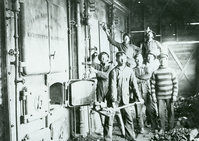 Crew stoking the boilers at the Calumet Mine in Breen Township