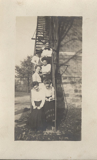 Teachers on fire escape, Alden School