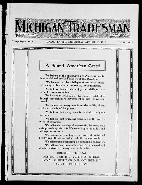 Michigan tradesman. Vol. 38 no. 1926 (1920 August 18)