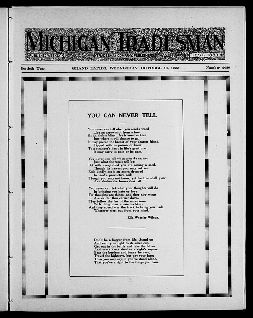 Michigan tradesman. Vol. 40 no. 2039 (1922 October 18)