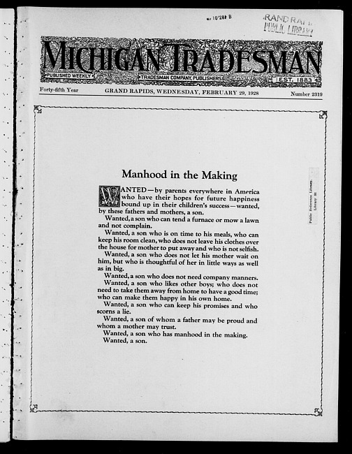 Michigan tradesman. Vol. 45 no. 2319 (1928 February 29)