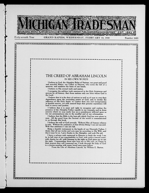 Michigan tradesman. Vol. 47 no. 2421 (1930 February 12)